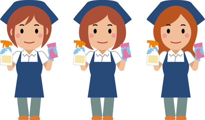 洗剤とスポンジを持つ紺色エプロンの女性清掃員