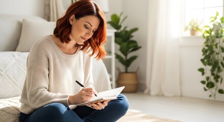 Serene Woman with Auburn Hair Journaling in Bright Airy Bedroom Setting.
