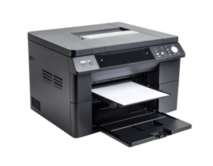 Smart Office Printer with Paper Tray – Angled Isolated Transparent Background PNG
