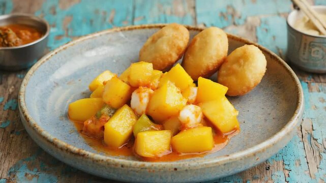 Ackee and saltfish, Jamaican dish, Ackee and salted cod served with fried dumplings, Bright yellow and red tones, Natural light filtering through, Flavorful and savory
