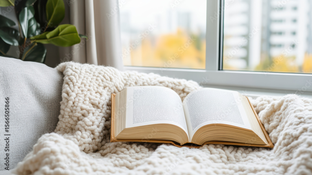 Poster cozy scene featuring open book resting soft blanket near window, inviting relaxation