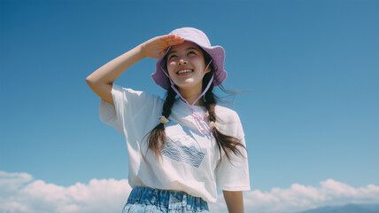 ティーンの日本人少女が夏空を見つめる
