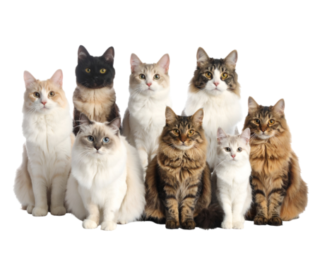 A captivating gathering of nine diverse domestic cats, each displaying unique beauty and charming feline grace. - Powered by Adobe