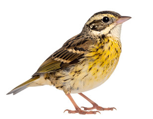 A vibrant yellow-breasted songbird with intricate plumage stands gracefully in profile.