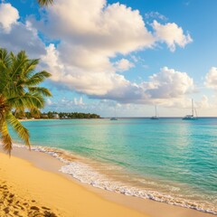 Fototapeta premium Tranquil Tropical Beach Scene: Golden Sand, Turquoise Water, and Lush Palm Trees