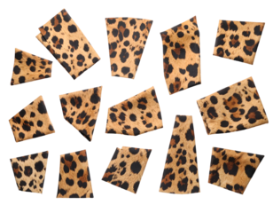 An array of stylish leopard print textile cutouts presents a popular and exotic animal pattern.