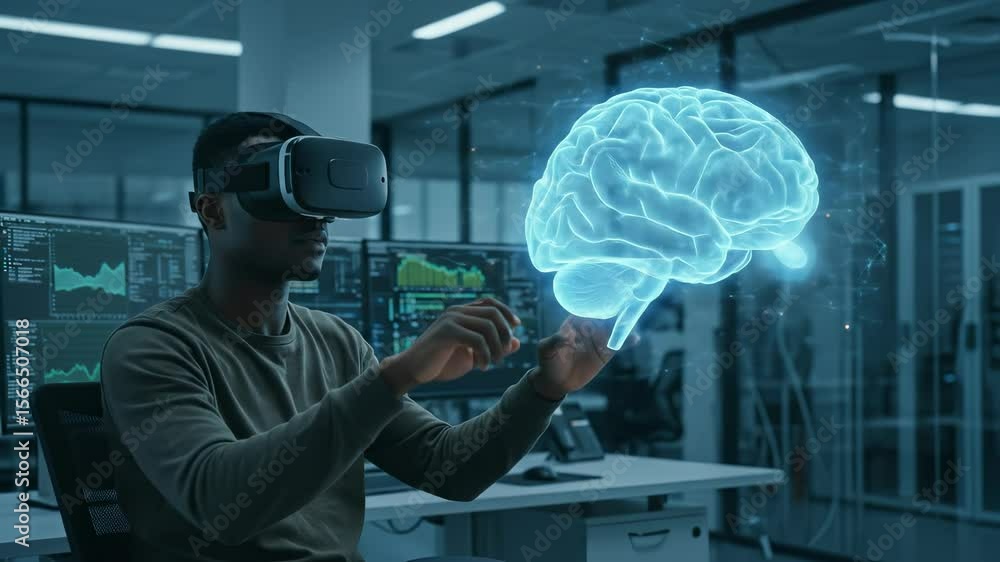 Poster virtual reality brain analysis: a black man in his 30s explores a glowing brain hologram using vr he