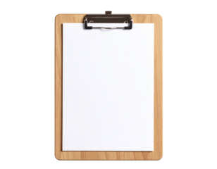 Wooden Clipboard with Blank Sheet – Metal Clip – Transparent Background PNG