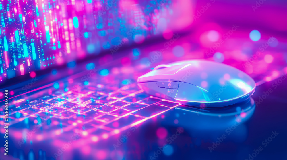 Poster concept: futuristic workplace setup with glowing keyboard and mouse