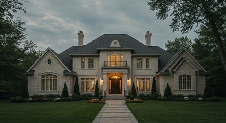 Grand Stone Mansion at Twilight