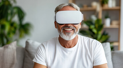Senior man wearing VR headset, smiling while exploring virtual reality experience