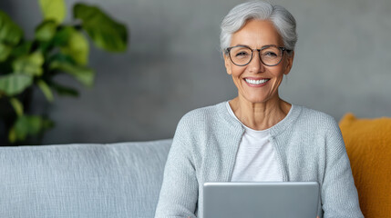 Smiling senior woman using tablet at home, showcasing joy and connection with technology