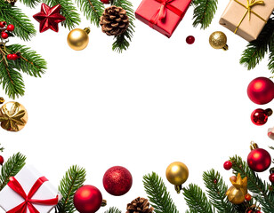 Joyful holiday elements including evergreen sprigs, festive baubles, and neatly wrapped presents create a vibrant frame.