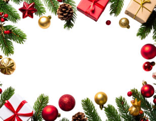 Joyful holiday elements including evergreen sprigs, festive baubles, and neatly wrapped presents create a vibrant frame.