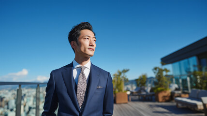 都市の屋上で自信を持つ日本人ビジネスパーソン