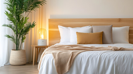 Cozy bedroom with comfortable bed, decorative pillows, and stylish lamp