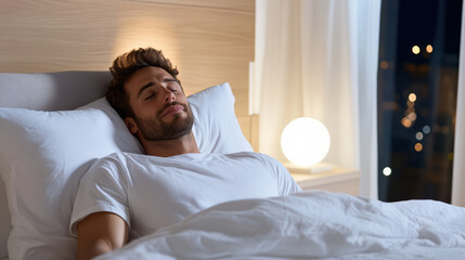 Fototapeta premium Sleeping man in cozy bedroom with soft lighting, peaceful atmosphere, and serene expression