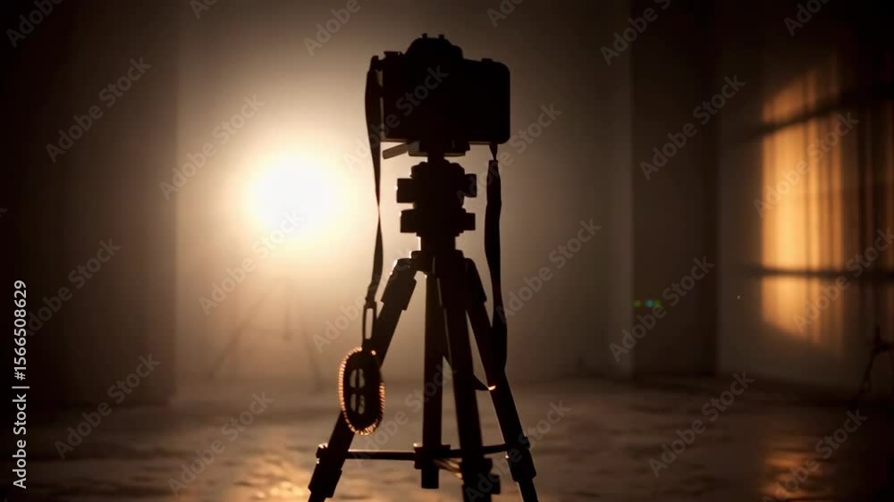 Aufkleber silhouette of a tripod with camera on chroma key backdrop in a dimly lit studio setting