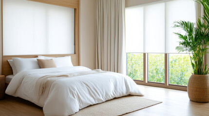 Fototapeta premium Cozy bedroom with natural light, white bedding, and modern decor creates serene atmosphere