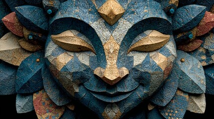 Colorful geometric stone mask with peaceful and joyful expression