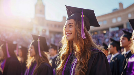 Graduation Ceremony: A graduate smiles during her university graduation on sunny day