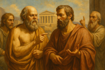 Ancient philosophers in discussion with classical architecture background oil painting style