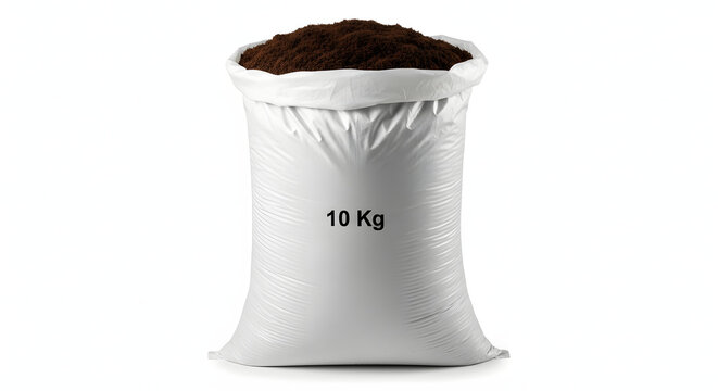 A full white sack displays ten kilograms of dark soil, perfect for gardening, planting, and agricultural endeavors.
