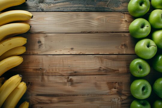Bright green apples and yellow bananas are placed neatly on a rustic wooden table, creating a vibrant and inviting display of fruit