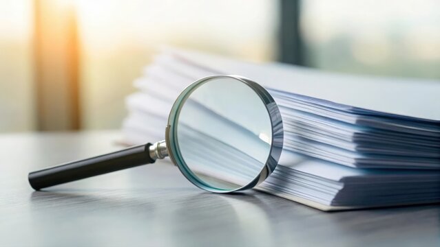 Blurred document stack with magnifying glass highlighting critical text for review and analysis
