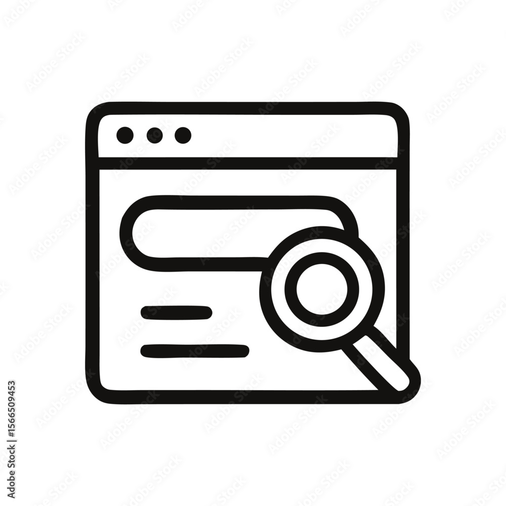 Fototapete A simple line drawing of a browser window with a search bar and a magnifying glass over the content area.