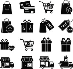 Collection of black shopping and e commerce icons on a white background