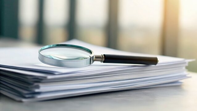 Blurred paperwork and magnifier symbolizing thorough document investigation and data search

