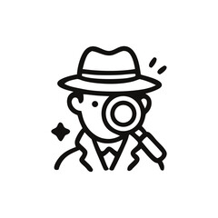 A detective figure wearing a hat, examining with a magnifying glass.