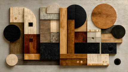 Photorealistic abstract design in neutral tones, featuring geometric shapes in brown, beige, and black.