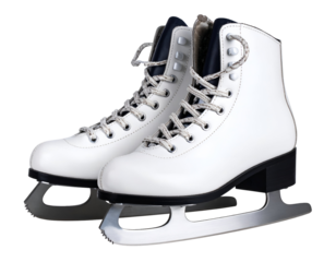A pristine pair of classic white ice skates stands ready for graceful glides on frozen surfaces.