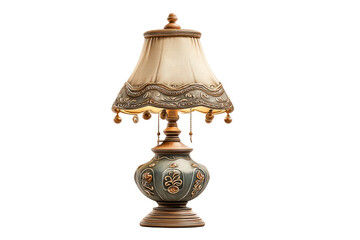 PNG Antique victorian table lamp with ornate floral design and beige shade