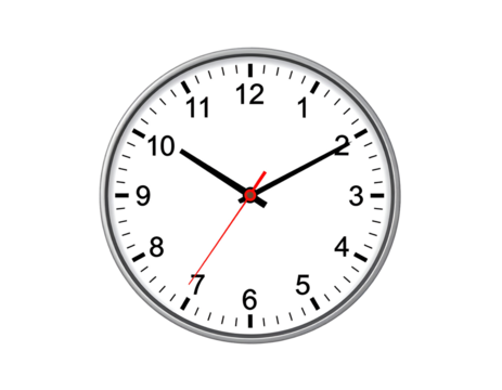 A classic analog wall clock precisely displays the time with its hour, minute, and red second hands.