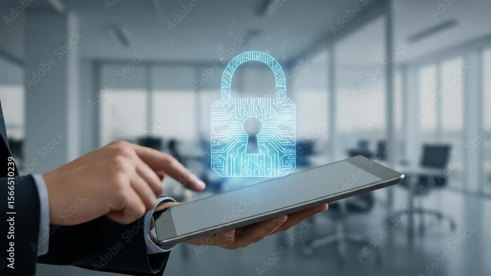 Poster data security expert using tablet with holographic padlock display in modern office