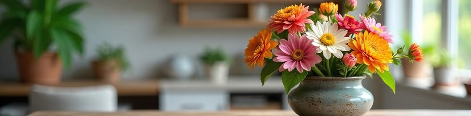 Vibrant, colorful indoor floral arrangement in a rustic ceramic vase Perfect for home decor, spring themes, and adding a touch of nature indoors , natural light, gerbera daisies