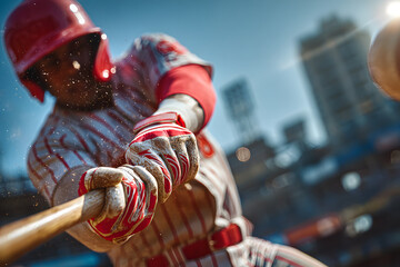 A baseball player swings a bat at a ball. The batter is wearing a red and white striped shirt and a red and white glove