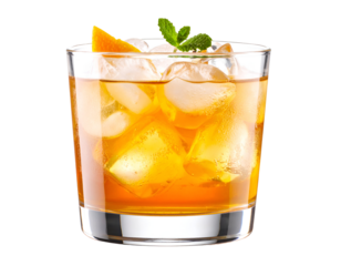 A vibrant amber cocktail with ice, a fresh orange slice, and aromatic mint leaves promises a refreshing experience.