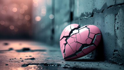 Broken Pink Heart Leaning Against Cracked Wall