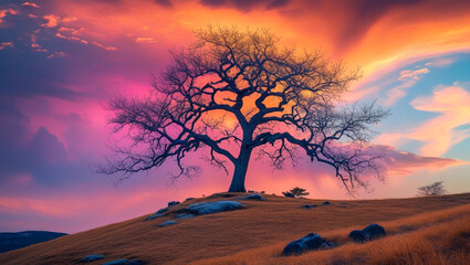 Solitary Tree on Hilltop at Vibrant Sunset