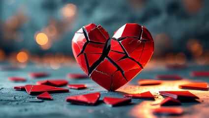 Shattered Red Heart with Scattered Pieces