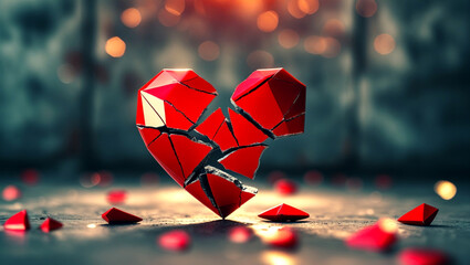 Shattered Red Heart with Scattered Pieces