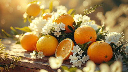 Fresh Oranges and White Flowers on Wooden Table