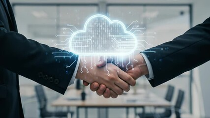 Cloud Computing Deal: Two businessmen shaking hands finalize agreement to digitally transform office. - Powered by Adobe