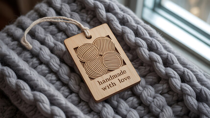 Close up of a wooden tag with the words handmade with love on a chunky knit grey blanket