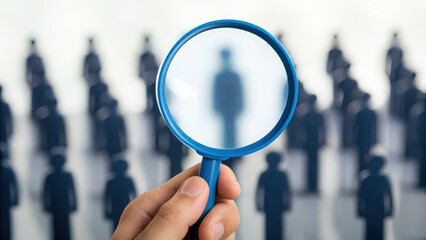 Fototapeta premium Blurred crowd of figures with blue magnifying glass focusing sharply on one individual 