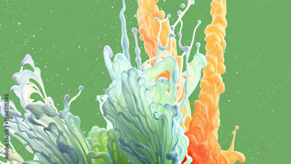Poster vivid splash of colorful paint frozen in motion against a green background capturing dynamic flow of